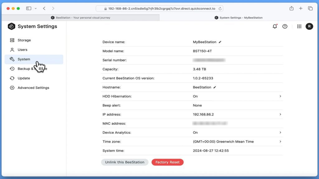 BeeStation reset via System Settings