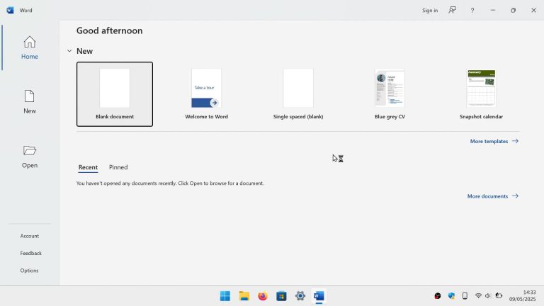 MS word startup screen
