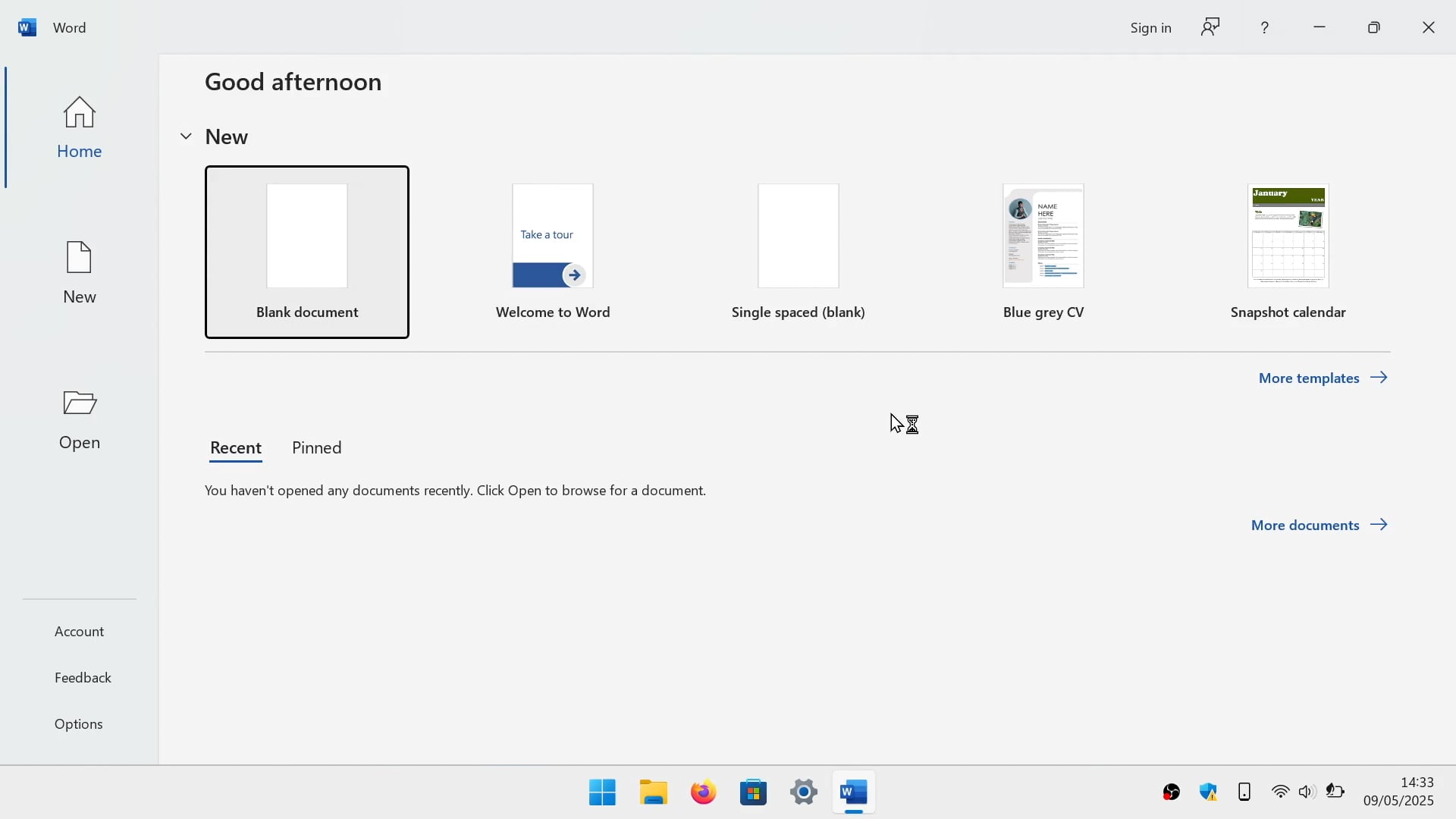 MS word startup screen