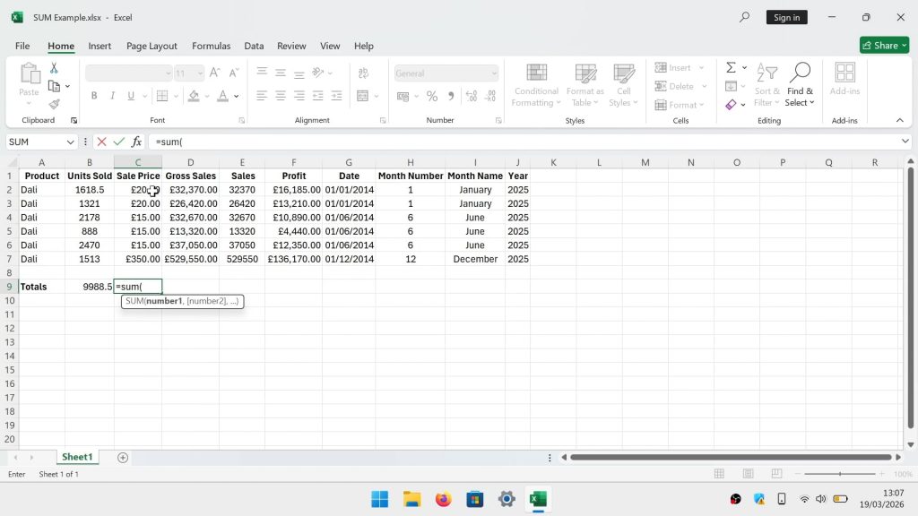 Excel SUM Function